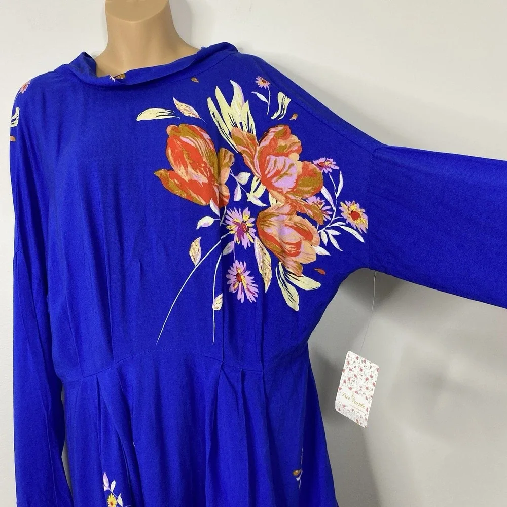 Free People Gemma Blue Floral Choker‎ Neck Cut Out Back Tunic Mini Dress Medium